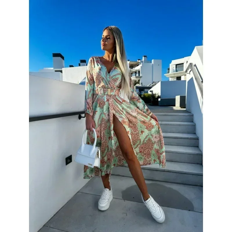 

2023, модное новое летнее платье с принтом на талии и v-образным вырезом и длинными рукавами