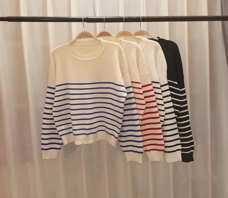 

Полосатый свитер с круглым вырезом, женский свитер 2026, новый осенне-зимний вязаный пуловер с длинными рукавами, топ, корейский свободный базовый полосатый свитер