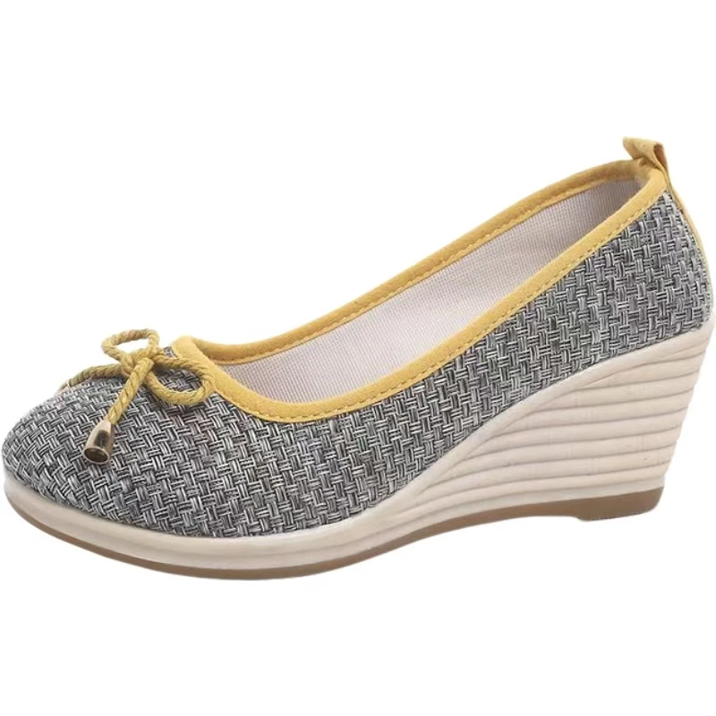 2026 New Women Wedges Big Size Cloth Shoes Spring Autumn New Soft sole Round Toe Shallow Slip On Bowknot High Heel Nude Shoes view 4