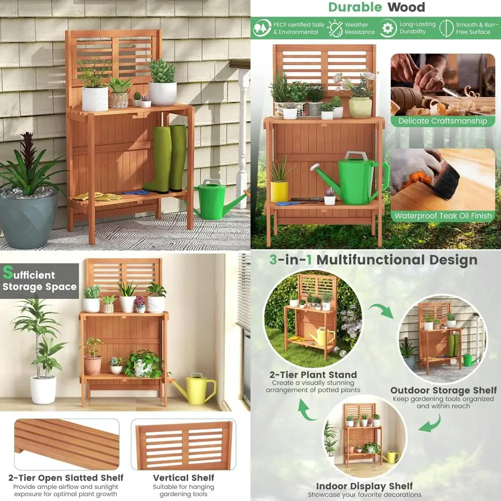 

Outdoor Folding Wood Potting Bench with Trellis and 2-Tier Shelves