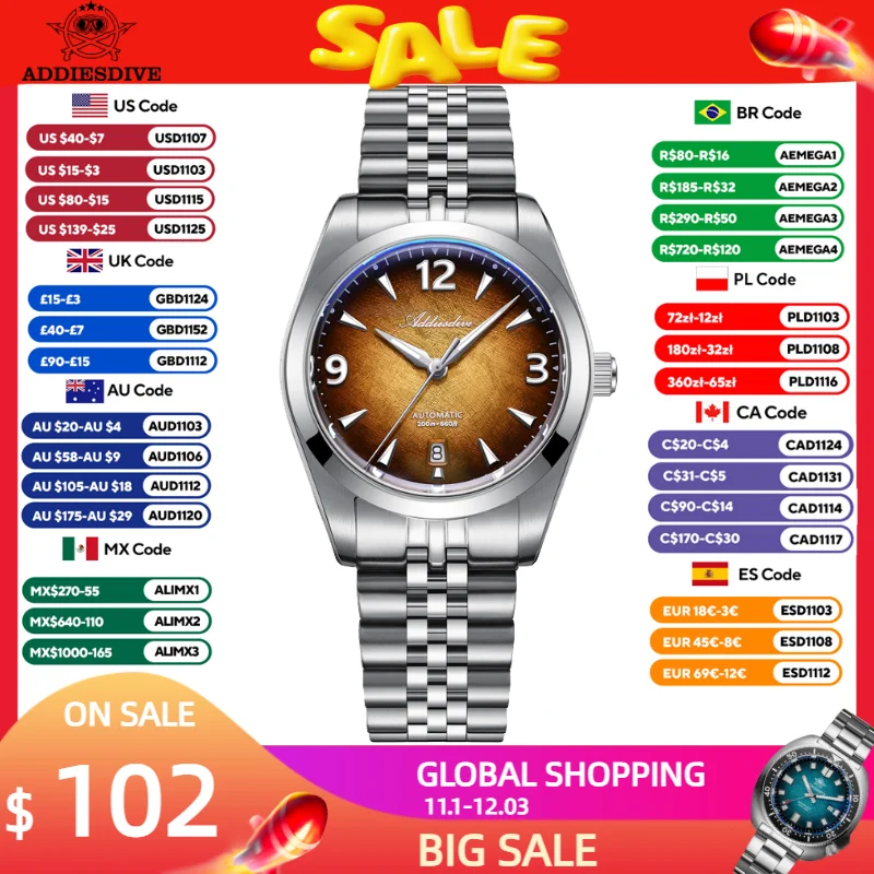 ADDIESDIVE New 39mm Men Watch Luxury Sapphire Gradient Automatic Watch Sand Dial 200m Waterproof 8215 Mechanical Watch Luminous