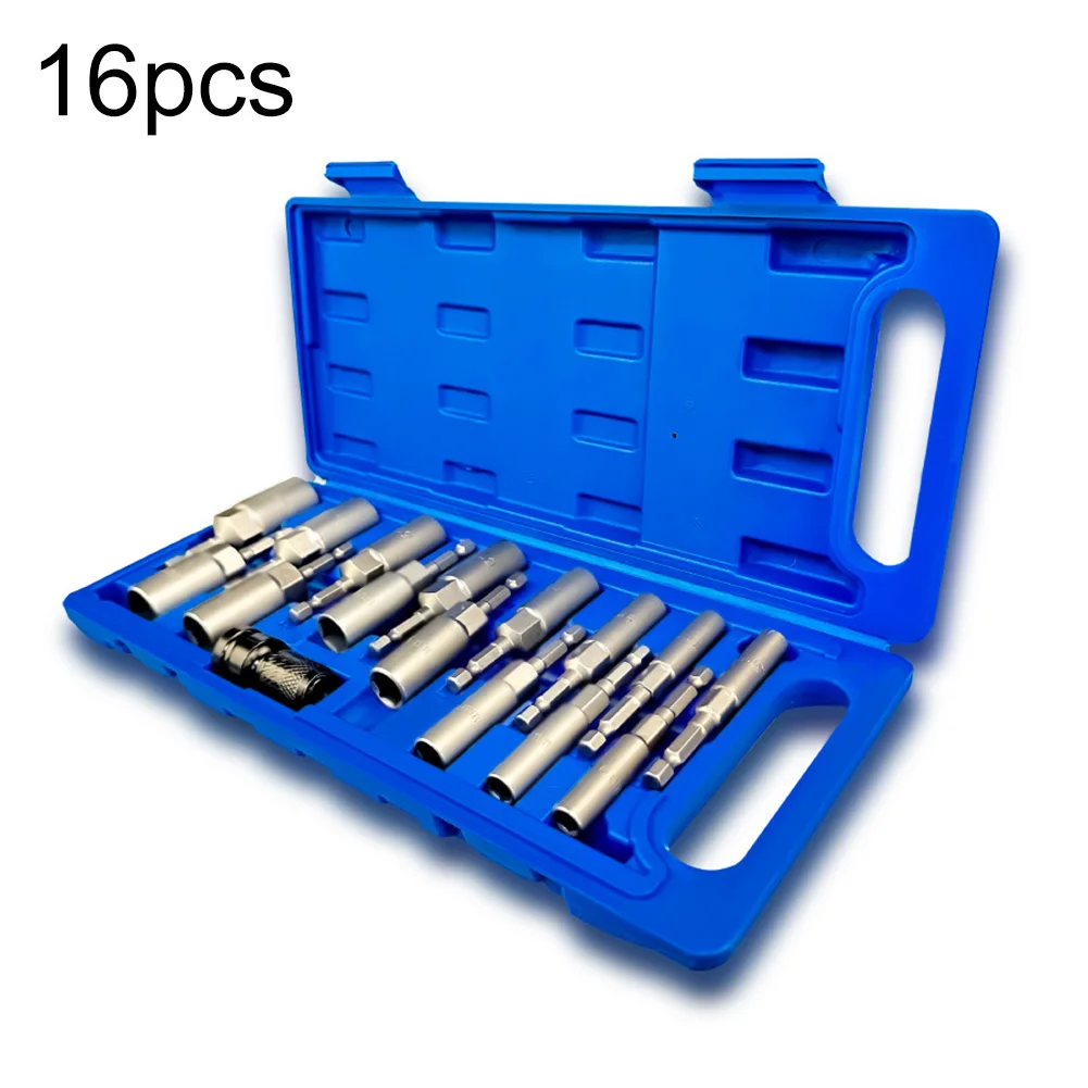 15pcs Impact Socket Length Deepen Wrench Sockets Adapter 5.5mm-19mm Power Nut Driver Socket Set 1/4 Inch Hex Shank Sockets Tool