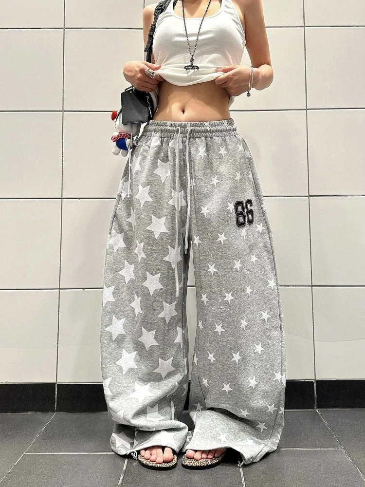 

HOUZHOU American Retro Star Print Pants Women Gray Y2k Hip Hop Oversized Trousers Harajuku Vintage Casual Wide Leg Sweatpants
