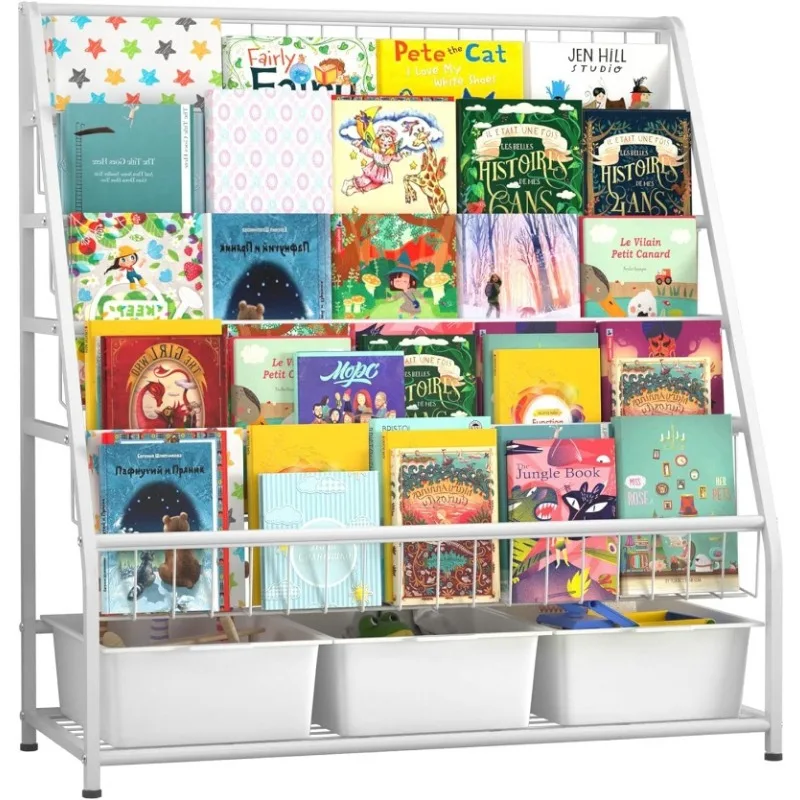 

6-Tier Metal Bookshelves Rack on Display with Storage Boxes Organizer in Study Room Playrooms Bedroom for Preschooler Children