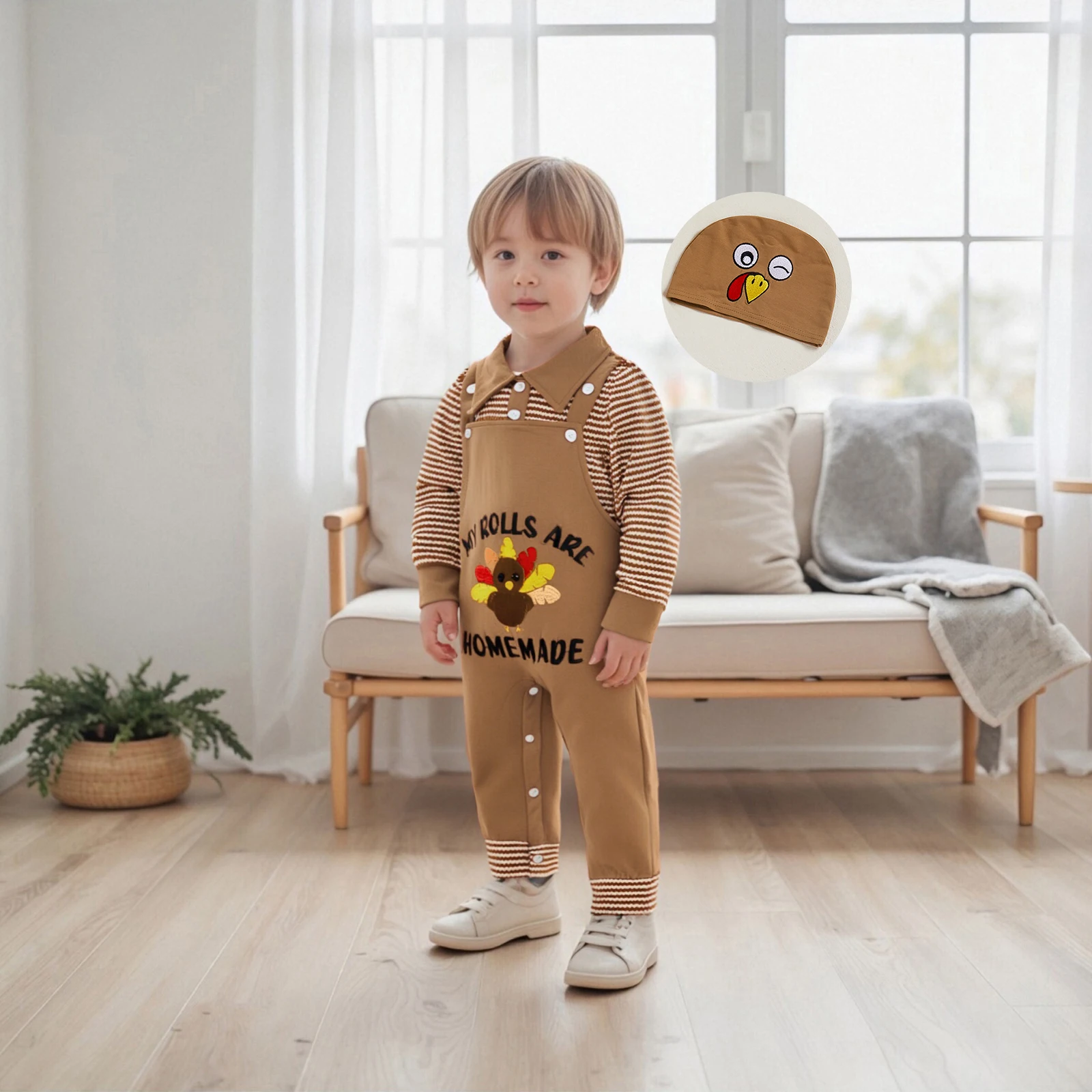 

Toddler Baby Boy Thanksgiving Outfit Stripe Long Sleeve Lapel Romper Turkey Embroidery Overalls Suspender Pants Hat 3Pcs Set