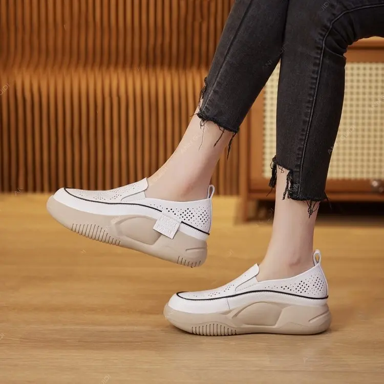 Female Hollow Out Loafers with Round Toe and Soft Sole 24 New Summer Fitting Single Shoe Thick Sole Small White Shoes for Women