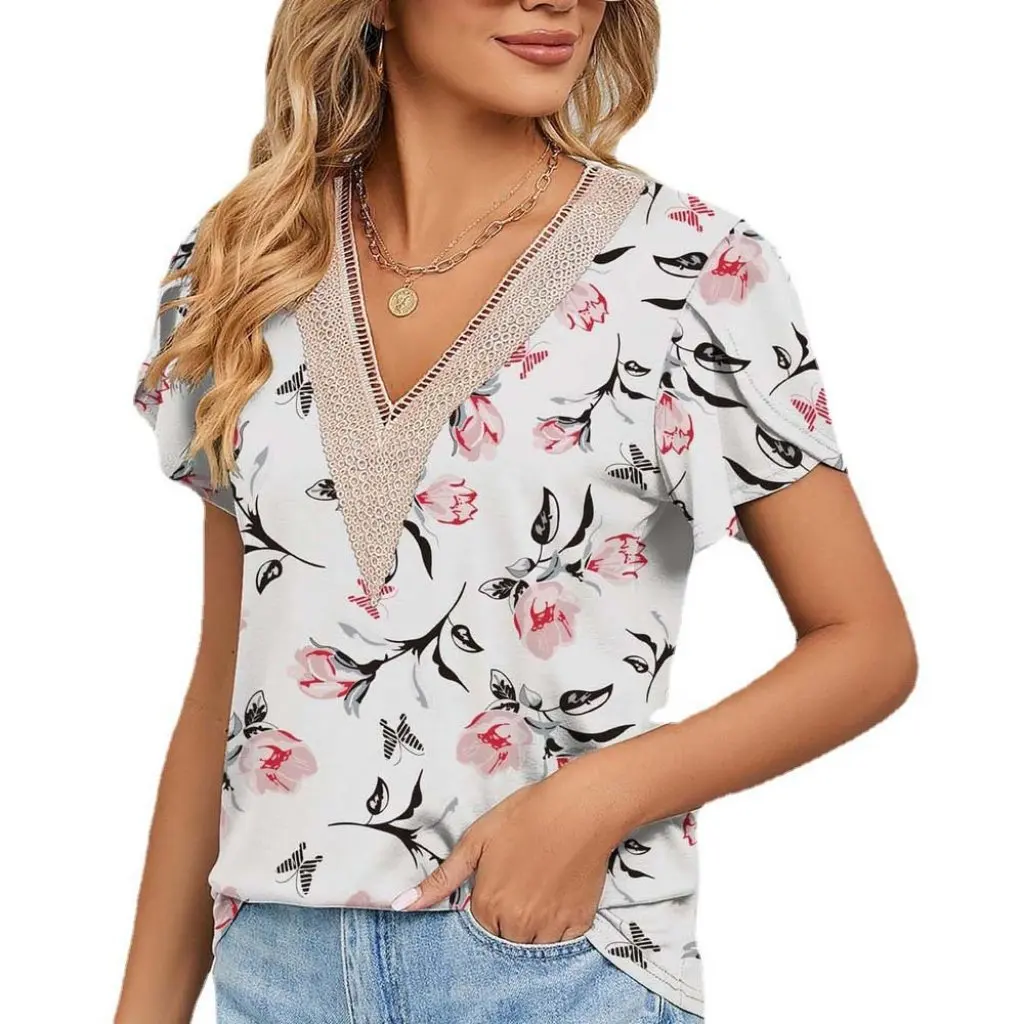 

Gold Lace V-neck T-shirt Short Sleeve Flower Petal Design Spring Summer New Trade Women's Top by