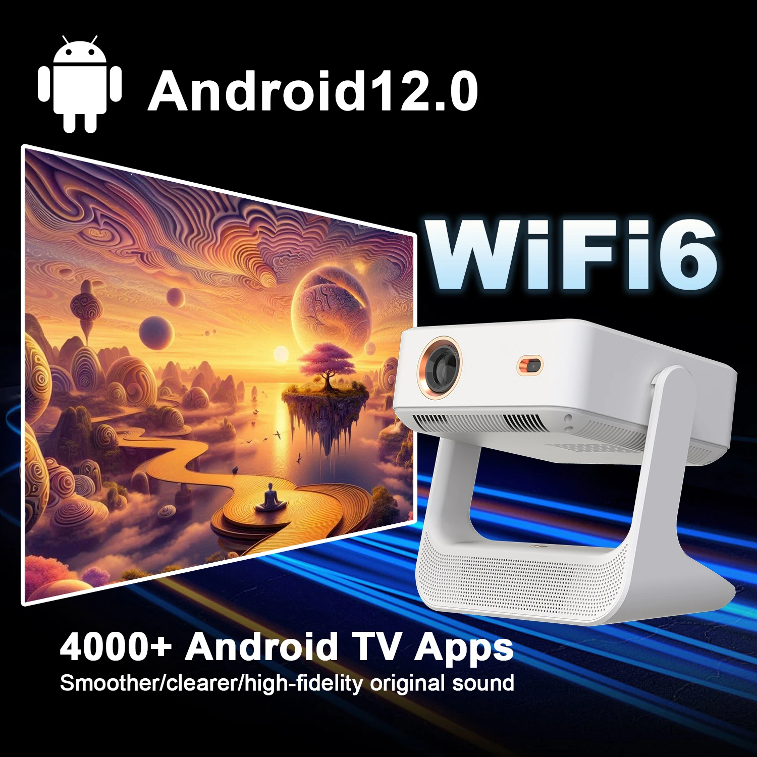 Prime Video Projector 8'' Touchscreen 4K 1080P WiFi Bluetooth Screen Mirroring 180° Flip HDMI USB Office 30-300''