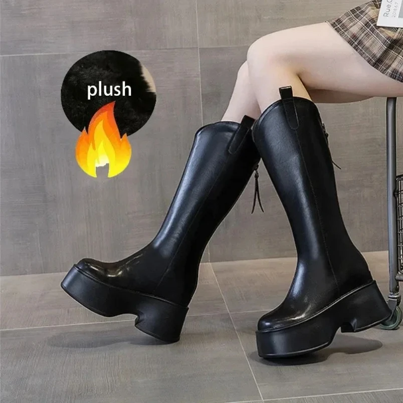 2025 جودة عالية 11 سنتيمتر جلد طبيعي الشتاء أفخم تشيلسي الركبة عالية الجوارب النساء السيدات مدخنة Famles الأحذية الموضة #5