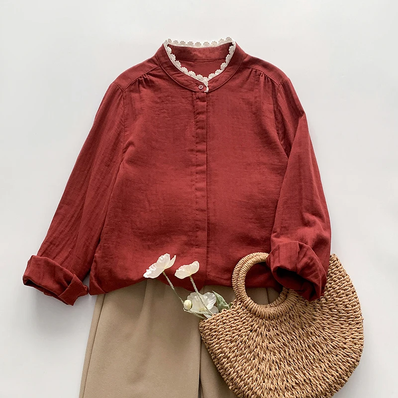 

Ele Pure Cotton Long Sve irt Женская художественная блузка с воротником-стойкой, двухслойная тонкая хлопковая блузка с кружевной отделкой