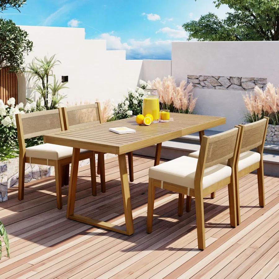 U_Style Multiperson Outdoor Acacia Wood Dining Table and Chair Set Thick Cushions Suitable for Balcony Vourtyard and Garden.