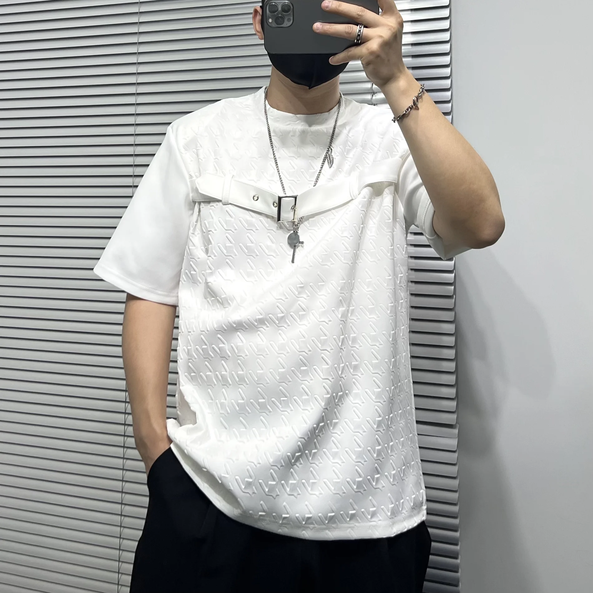 Summer Original Dark Style Personality Patchwork Functional Short Sleeve T-Shirt Trendy Men's Street Style Loose Printed Top
