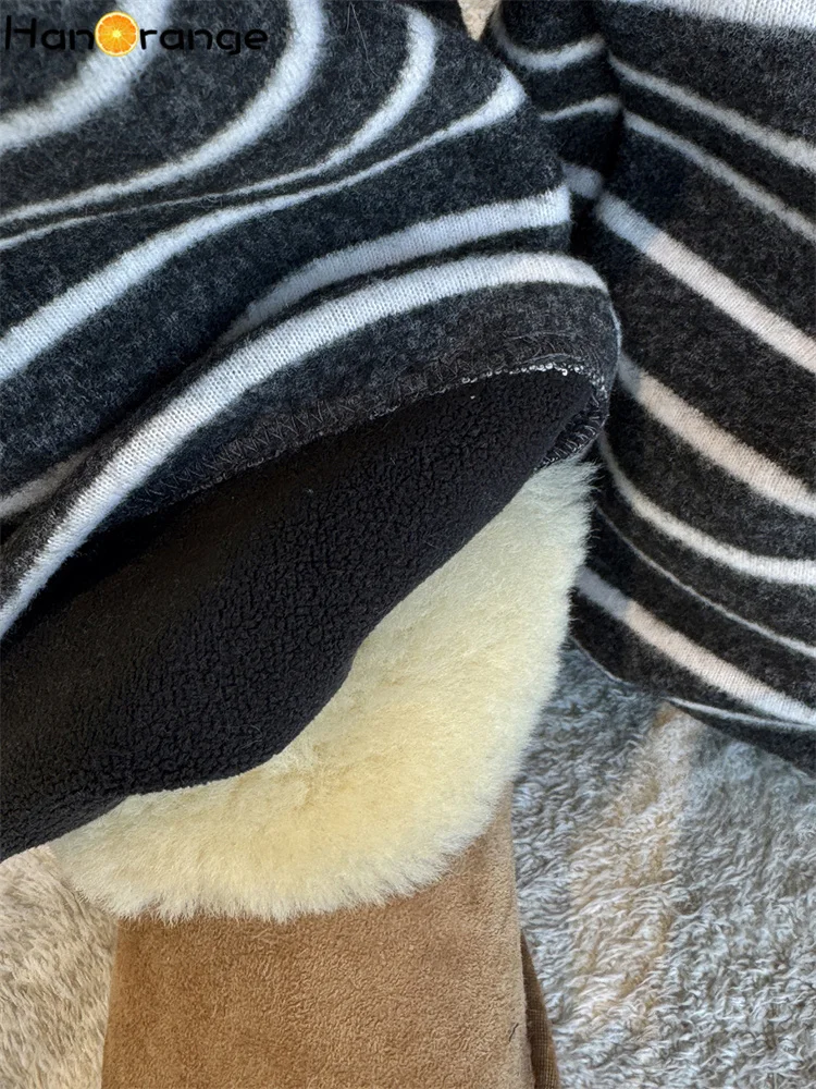 HanOrange 2025 겨울 빈티지 패션 스트라이프 드로스트링 벨벳 팬츠 여성용 따뜻한 두꺼운 바지 블랙 그레이/그레이 화이트
