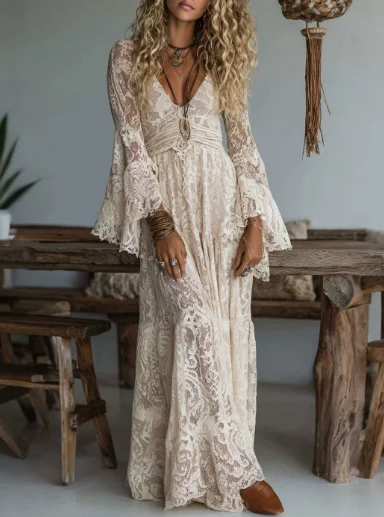 Robe Femme Printemps Automne 2026 Nouvelle Collection Couleur Unie Élégante Col V Taille Haute Dentelle Patchwork Décontractée Manches Longues
