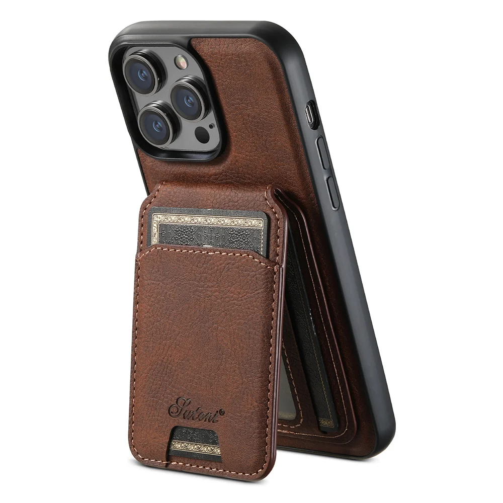 Litchi Pattern Leather Detachable Card Bag Magsafe Case for iPhone 15 Pro Max 12 13 Pro 14 Plus Wireless Charging Phone Bag