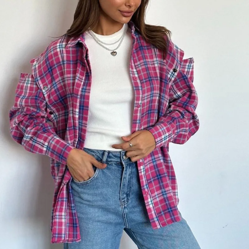 HKSH Autumn Women New Pink Plaid Detachable Trend Long Sleeve Shirt Fashionable Versatile Turn-down Collar Outerwear Tops HK8657