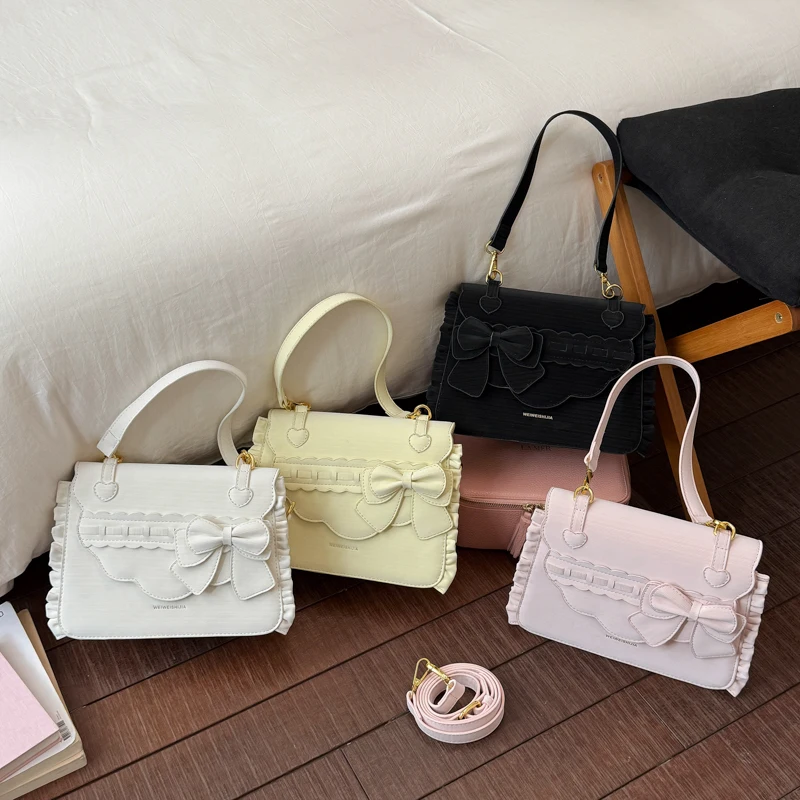 

Fashion Solid Color PU Sweet Bow Crossbody Bags Cute Ruffle Heart Women's Handbag Sewing Thread Youth Shoulder Bag for Girls