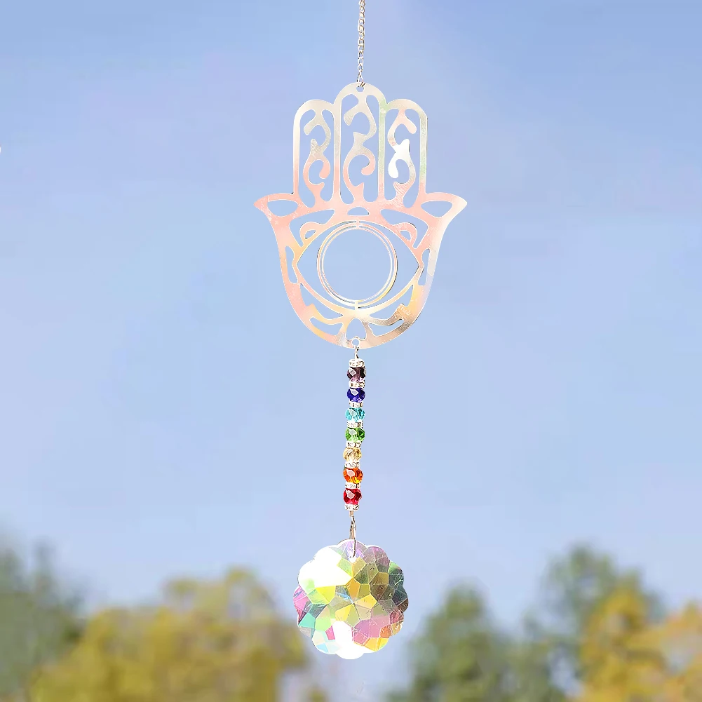 Hollow Fatima Hands Eye of Providence Rainbow AB Color Mandala Crystal Pendant Energy Reiki Dangle Fairy Garden Suncatcher Decor