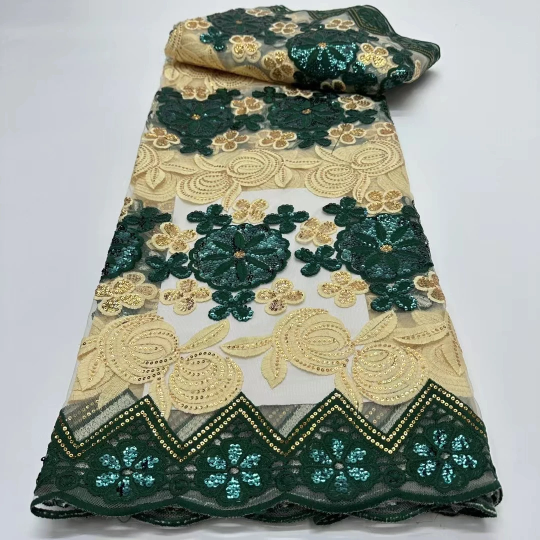 

Latest Green Gold African Cord Lace Fabric 2024 High Quality Sequins French Nigerian Milk Silk Guipure Lace Party Fabric KR24140