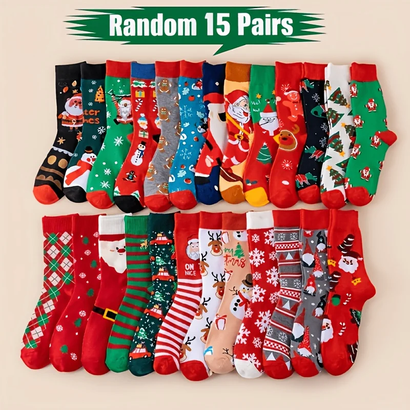 15 Pairs Christmas Socks Men Women Winter Mid Calf Santa Snowflake Snowman Elk Gingerbread Tree Comfy Gift for Family Friends