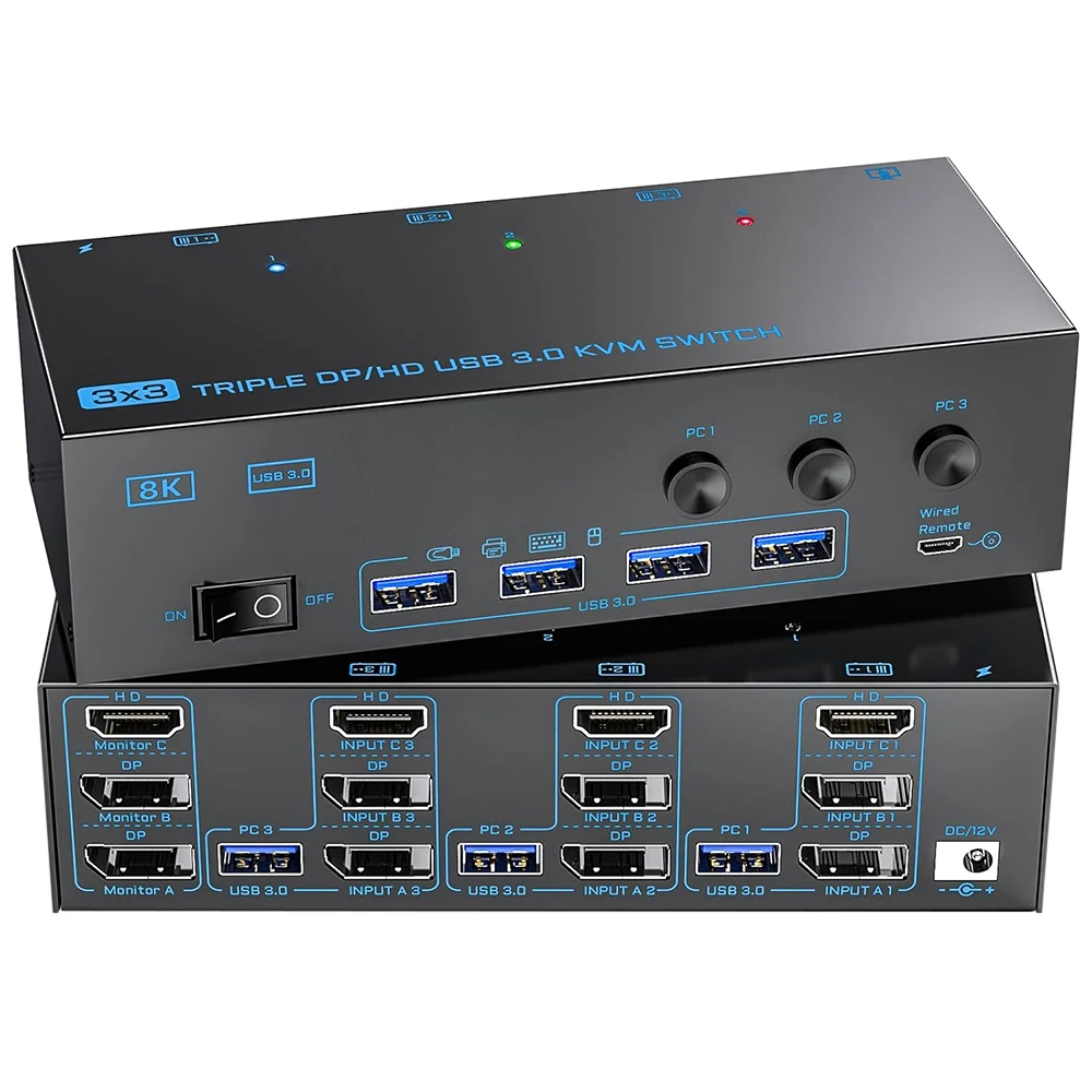 HDMI-compatible USB 3.0 KVM Switch 3 Monitors 3 Computers 8K@60Hz 4K@144Hz Triple Monitor KVM with 4 USB 3.0 Ports KVM Tripl