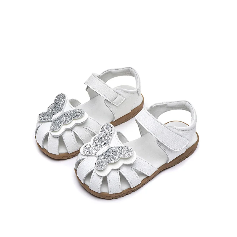 Leather sparkling butterfly Girls flat Sandals closed toe little kids girls summer shoes