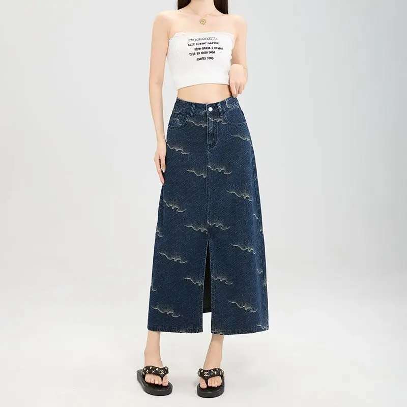 Exquisite Blue Floral Denim Hip-wrapped Skirt, Summer Woman Pleated National Style A-Line Split Skirt