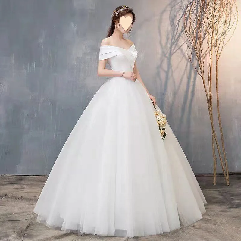 Gaun pengantin Vintage gaya Korea, gaun pesta dansa Off The Shoulder leher kapal Satin sederhana ukuran besar