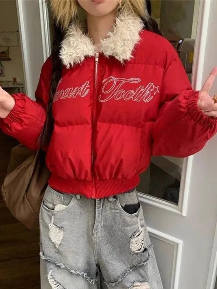 

American Letter Christmas Red Parkas Women Vintage Y2K Streetwear Warm Puffy Coat Harajuku Faux Collar Slim Lady Hip Hop Jacket
