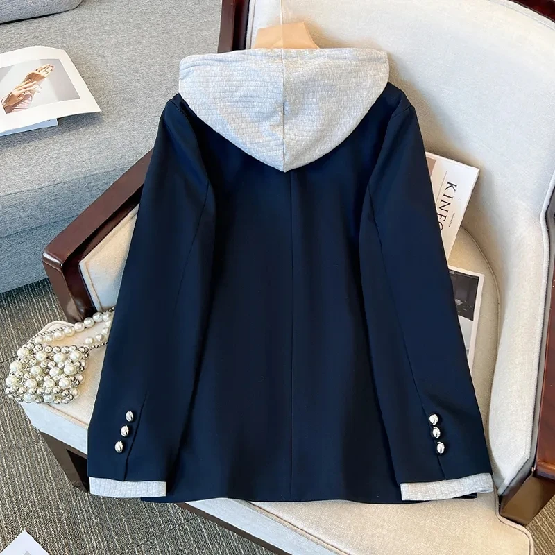 2024 New,Harajuku Preppy Hooded Fake Two Piece Blazer Suit Coats,For Womens Clothes,Spring Autumn Blazers Jackets,Girl Suit Tops