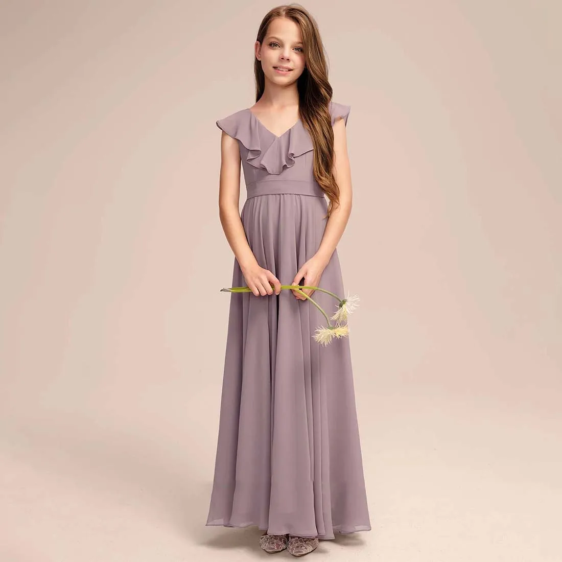 

YZYmanualroom Chiffon Junior Bridesmaid Dress With Cascading Ruffles A-line V-Neck Floor-Length 2-15T