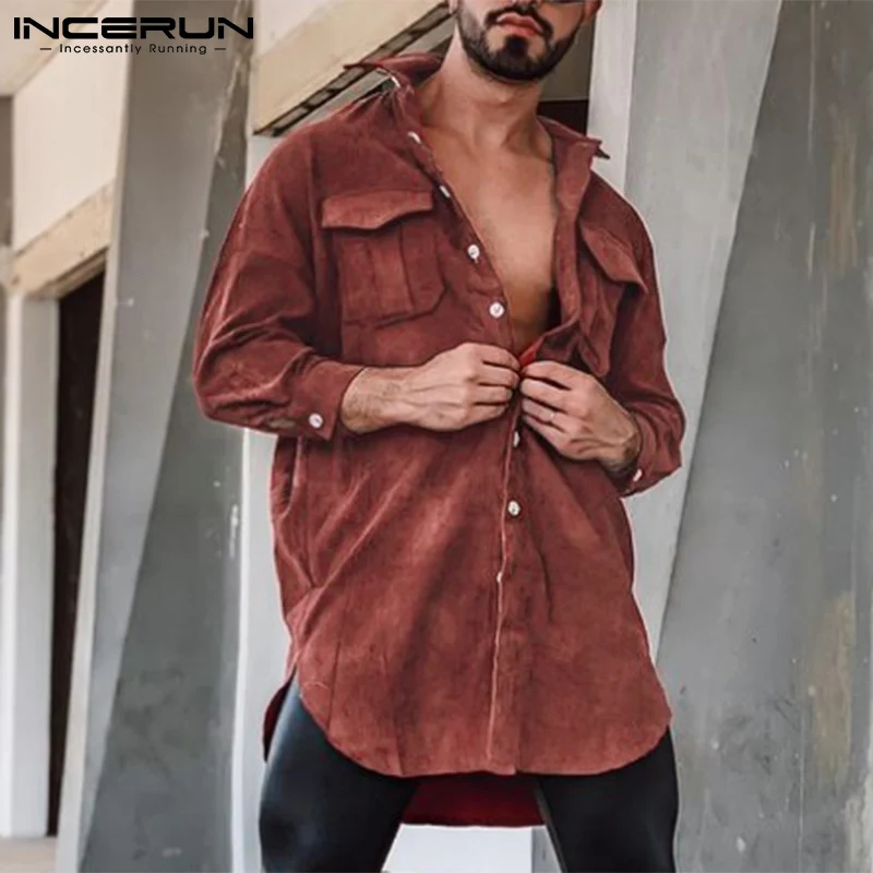 INCERUN Casual Men\'s Mid-length Suede Loose Shirts Tops 2022 Autumn Hot Sale Winter Vintage Lapel Collar Button Up Blouse S-5XL