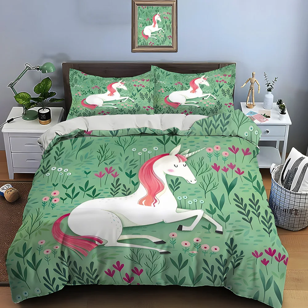 Unicorn and floral meadow Bedding Set for Kids Luxury Gift 3pcs Digital Print Comforter Set Soft Comfortable Breathable