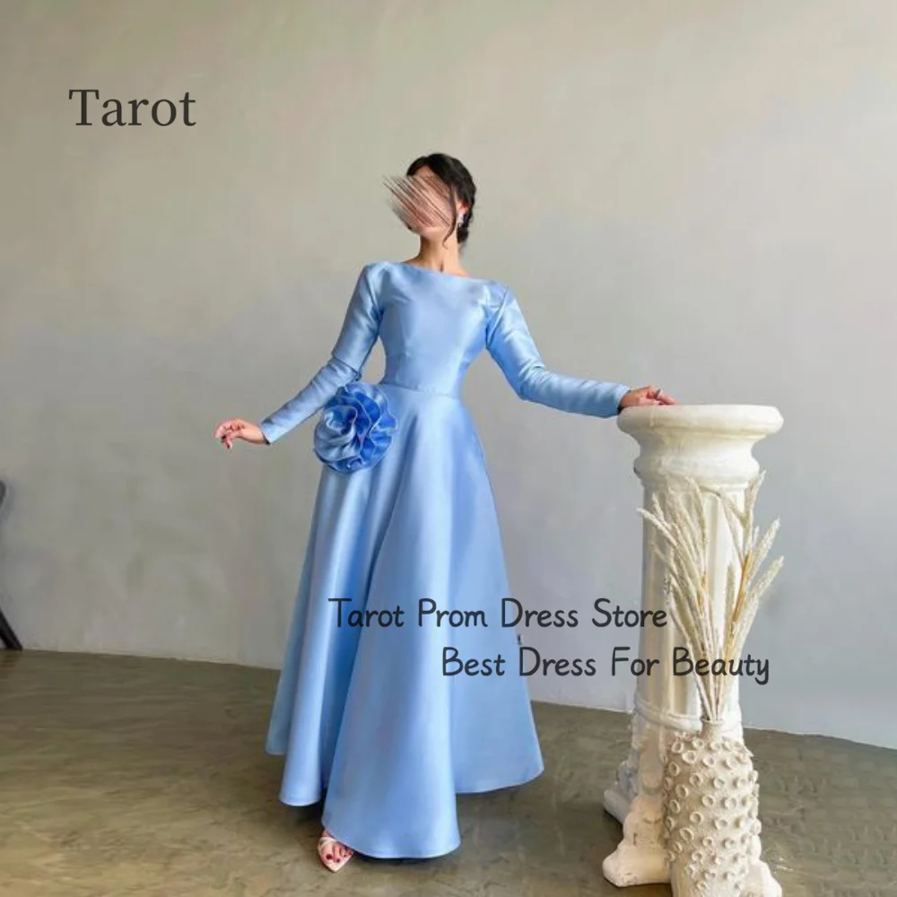 Tarot Simple A Line Prom Dresses Satin Handmade Flower Elegant Full Sleeves Birthday Wedding Dress Ankle Length فساتين سهرات