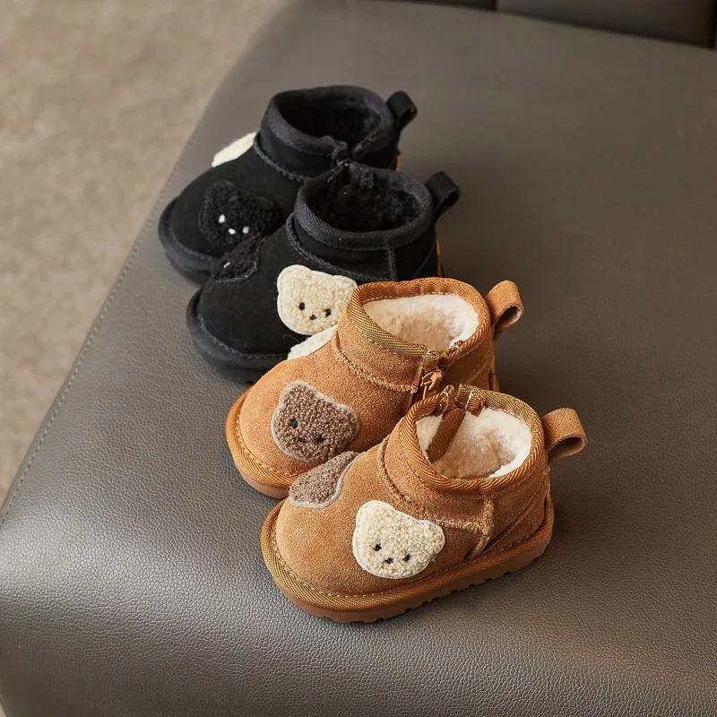 

Детские зимние сапоги, теплые толстые плюшевые детские зимние сапоги, нескользящие противоскользящие ботинки с милым медведем для маленьких мальчиков, хлопковая обувь для малышей