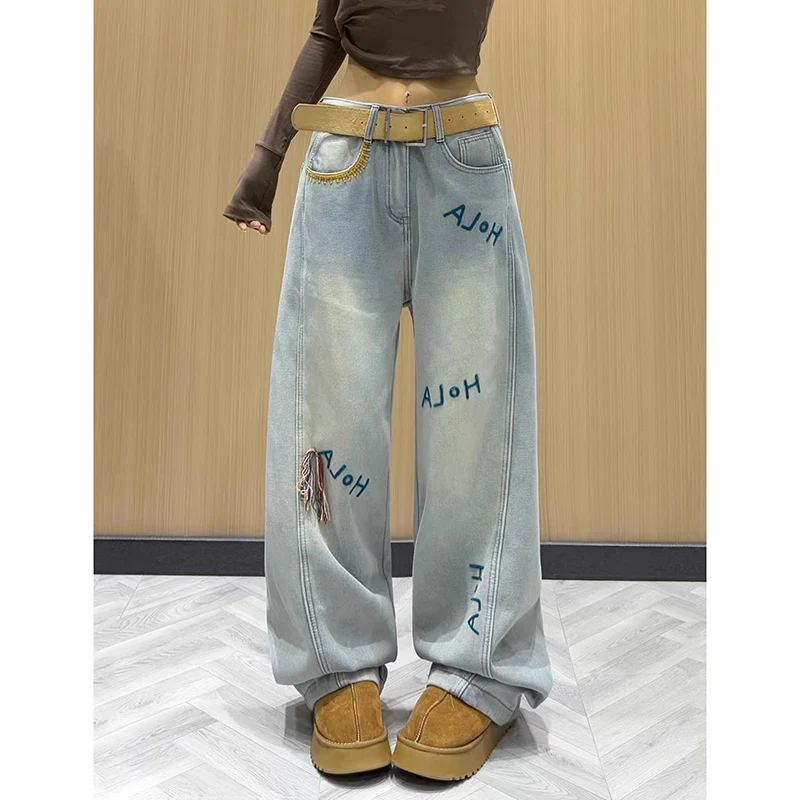 

Jeans Women's 2025 Spring Summer Wide-leg Pants Embroidered Designer Loose Floor Fashion Denim Modern Woman Girls High Waist New
