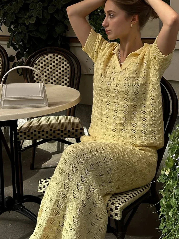 

Элегантный однотонный вязаный комплект макси-юбки, женский шикарный комплект с вырезом на лацкане, эластичная талия, блузка с короткими рукавами, костюм, летняя женская праздничная одежда