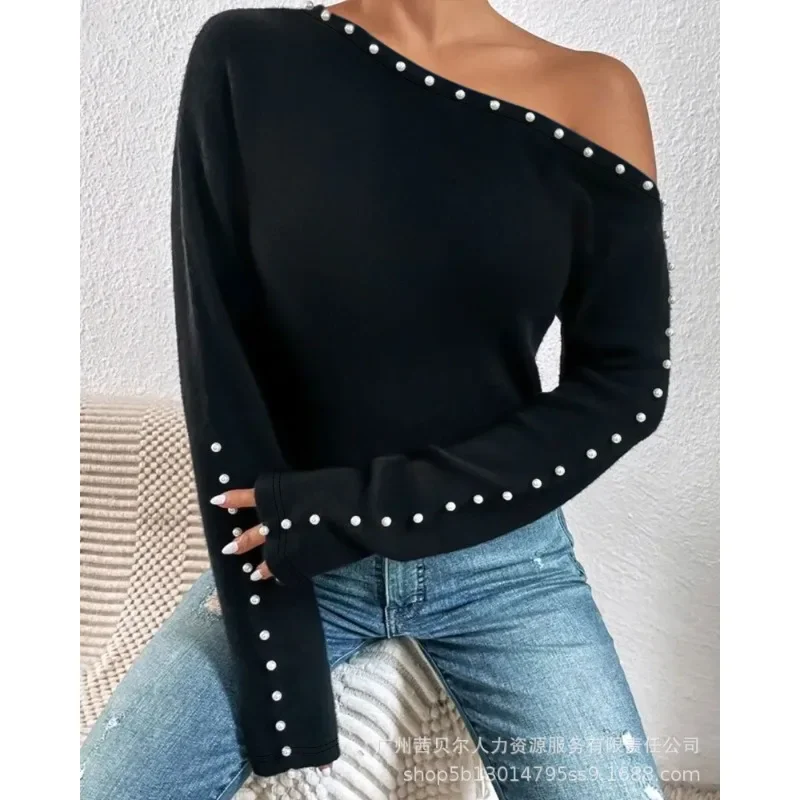 One Shoulder Tees Tshirts Skew Neck Trend Crossbody Pearl Top Tshirts Women Long Sleeve Casual Sexy Pearls Decor Tops Tshirts