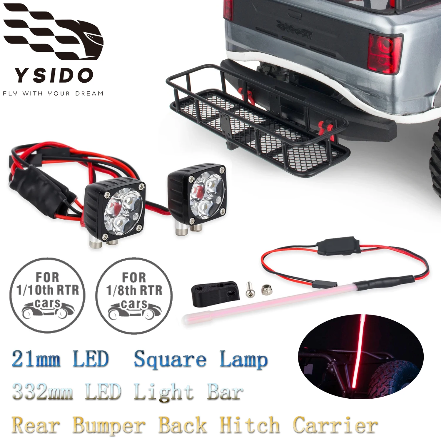 

YSIDO RC Car Part 21mm LED Light Bar Square Lamp Rear Bumper Back Hitch Carrier for 1:8 1:10 Axial SCX10 TRX4 TRX6 D90 Traxxas