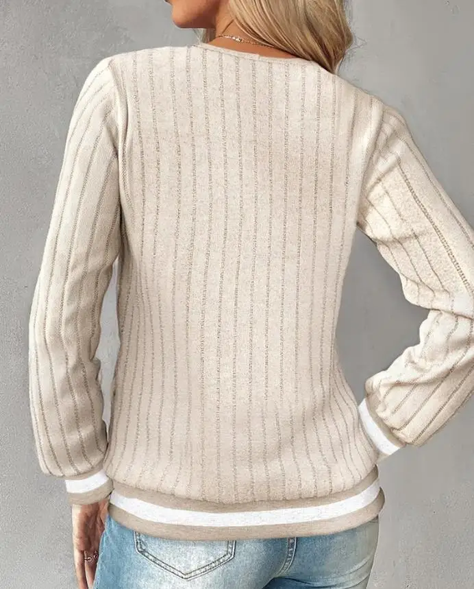 

Women's V-Neck Long Sleeve Knitwear Casual Striped T-Shirt Slim Fit Fashion Top with Nail Bead Decorative Splicing Pit Stripe