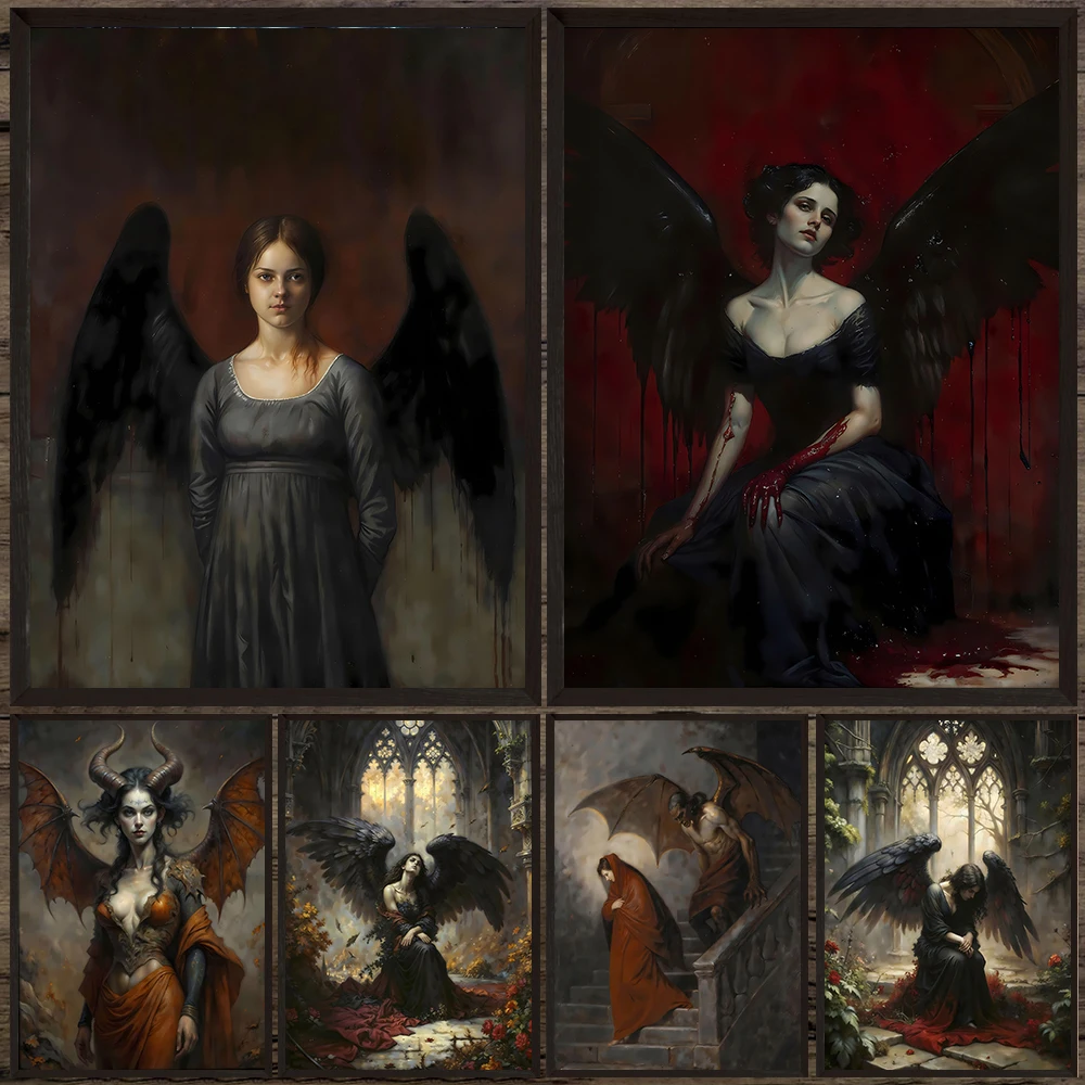 Affiche et impression d'art de fille et de démon, ange de juge, chauve-souris de dame, lith, peinture sur toile d'art mural de fantaisie magique, décoration de maison sans cadre