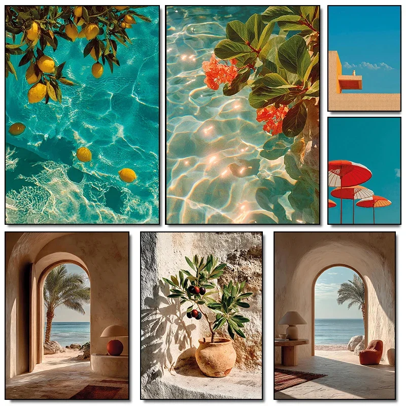 1pc frameless Modern Italian Lemon Orange Seaside Beach Waves Arc Swimming Pool Landscape Posters Canvas Painting Wall Art Pi