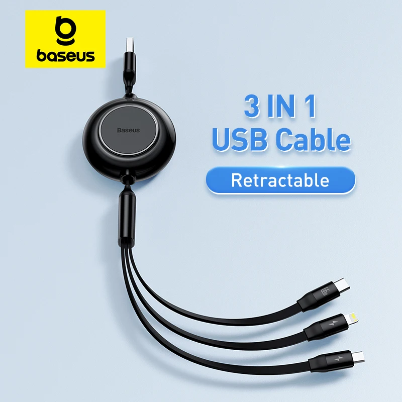 Baseus Kabel USB do ładowania 3 w 1 do iPhone'a 13 12 Kabel Micro USB typu C Wysuwany kabel do ładowania do iPhone'a X 8 Samsung