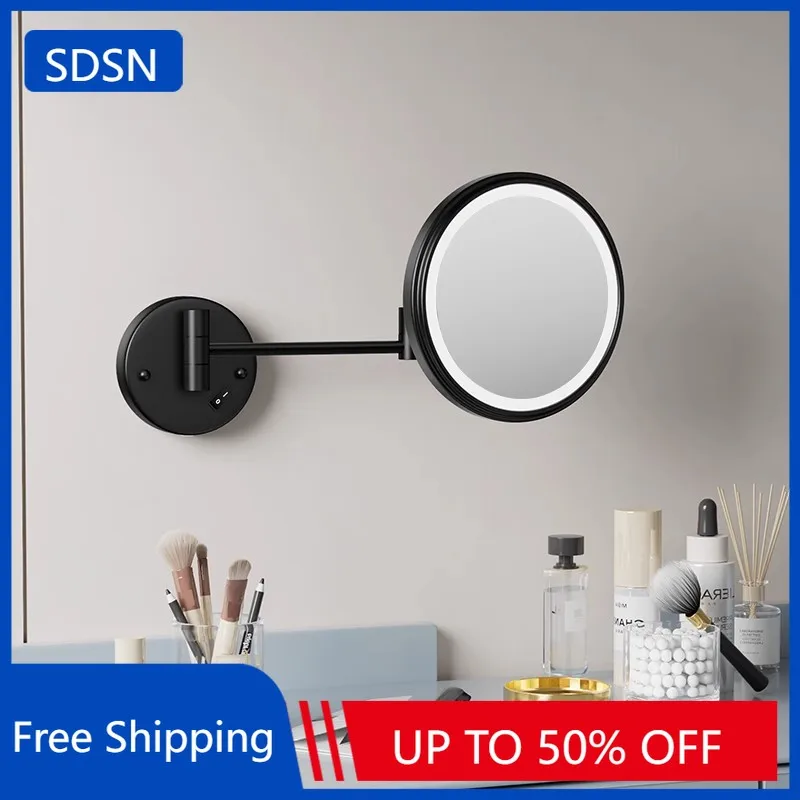 Rechargeable Led Folding Bathroom Makeup Mirror Accessories Wall Mounted Hotel Bathroom Make-up Mirror Round Led Bath Mirrors