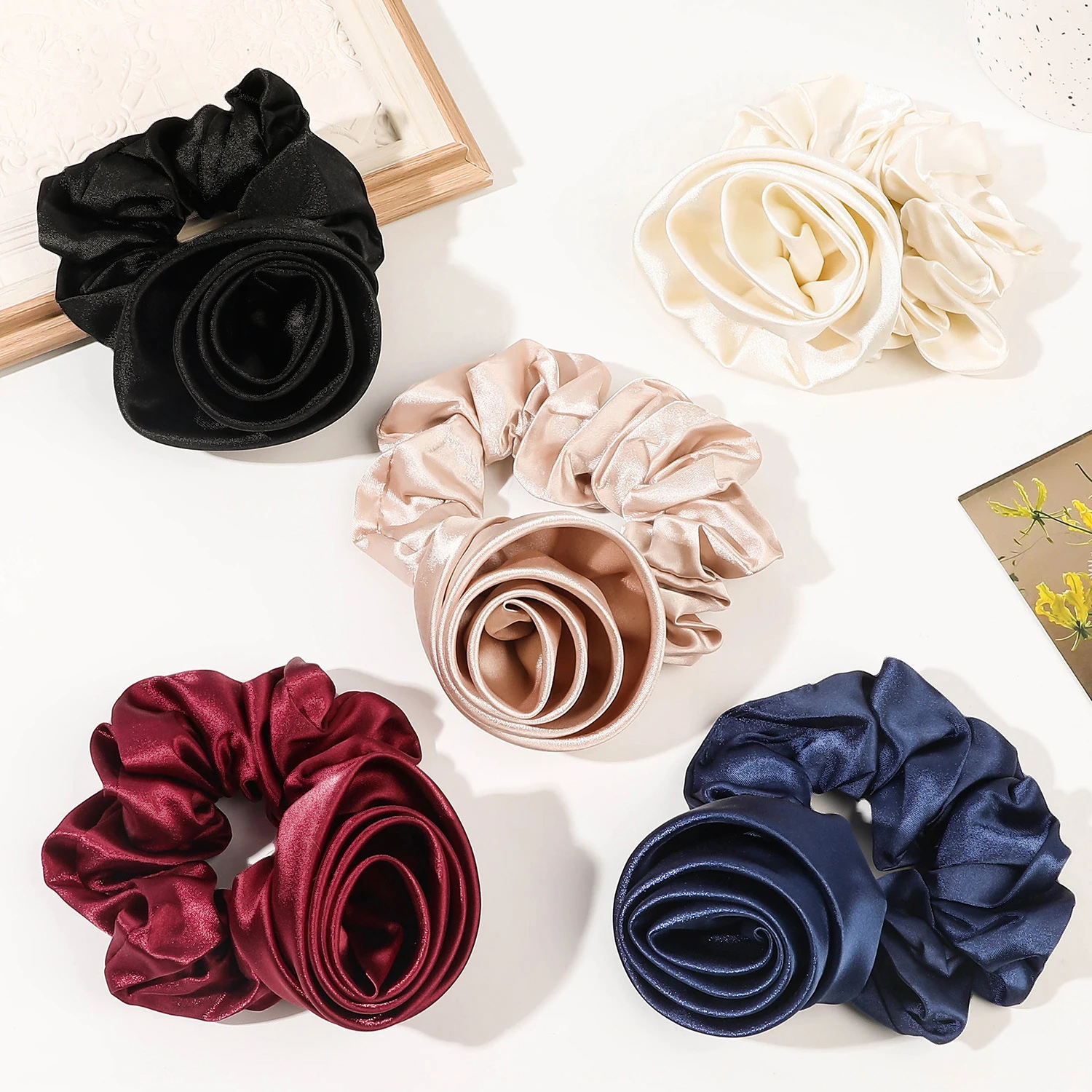 Korean Women Rose Elastic Hair Bands Ties Hair Scrunchies Big Flower Satin Hair Rope Charms Horsetail Rubber Hair Accessories