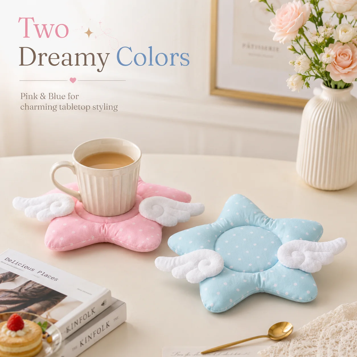 Korean Style Blue Pink Polka Dot Star Wing Cup Coaster Thick Padded Heat Insulation Mat Kpop Photocard Shooting Prop