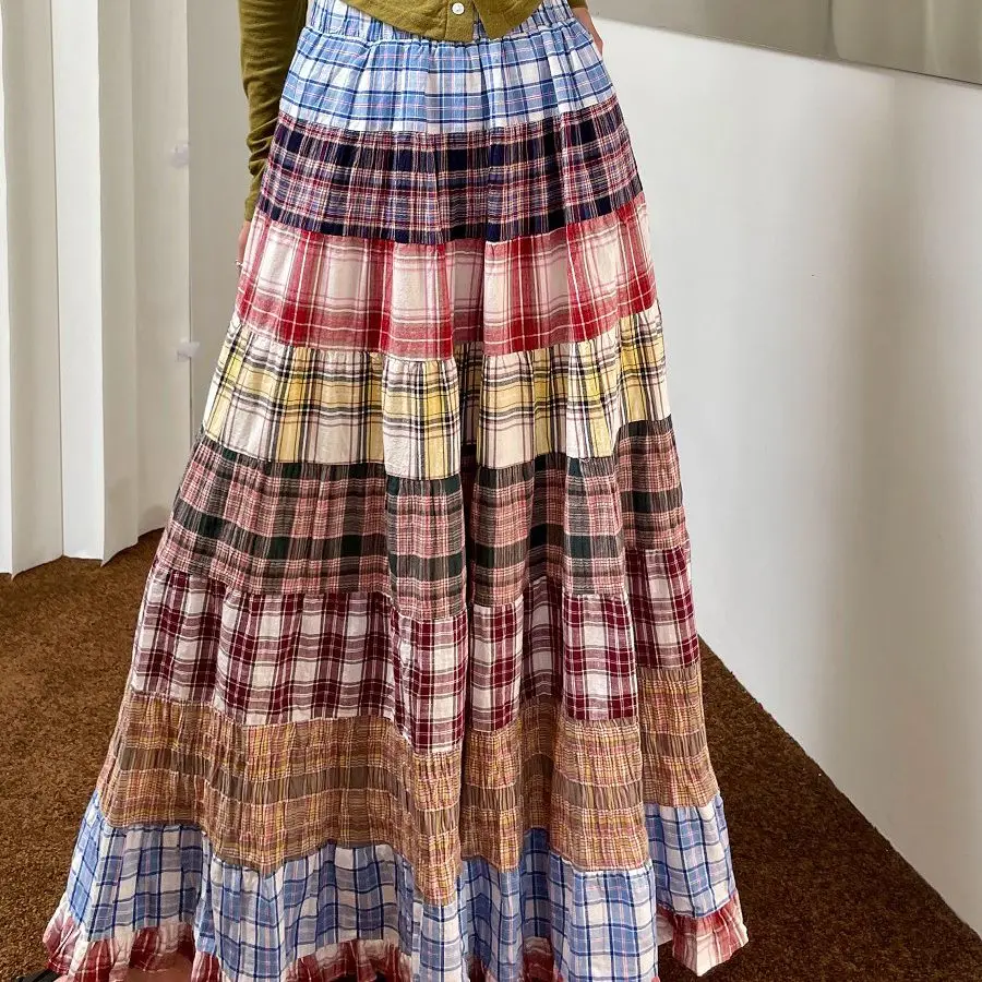 

Sweet Plaid Splicing Skirt Women's 2025 Summer New High-waisted A-line Pendulum Long Umbrella Skirt Design Sense Retro