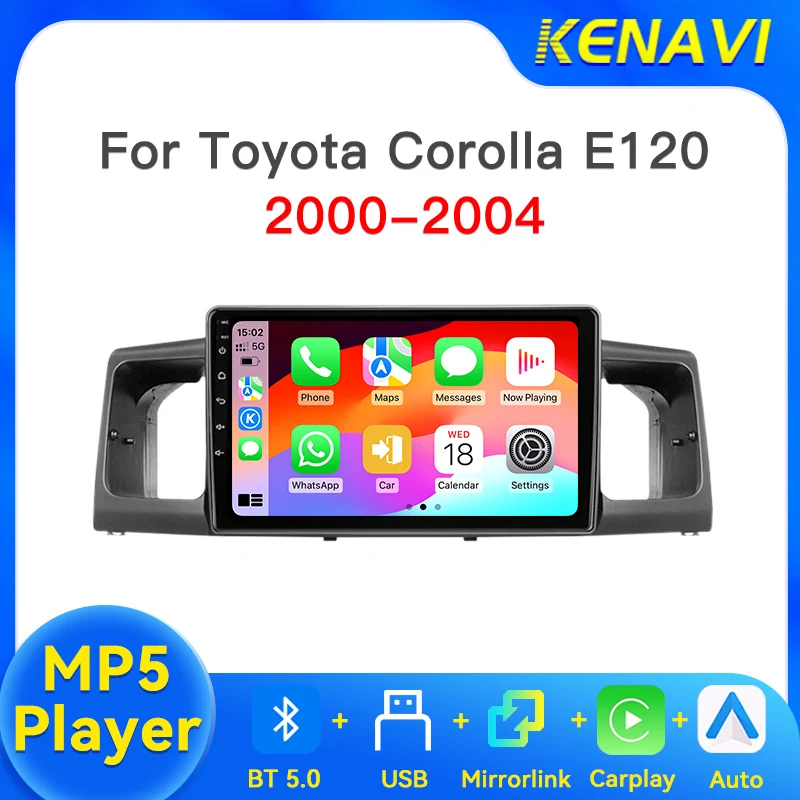 Автомобильный радиоприемник MP5-плеер для Toyota Corolla E120 2000-2004, беспроводной CarPlay, Android Auto, BT5.0, USB, сенсорный экран, мультимедийная система