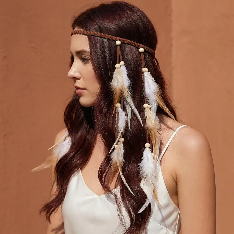

Новая ретро-повязка на голову с кисточками и разноцветными перьями, в богемном стиле бохо, с бисером, регулируемая, для костюмов, радужная, индийская повязка на голову, карнавальная