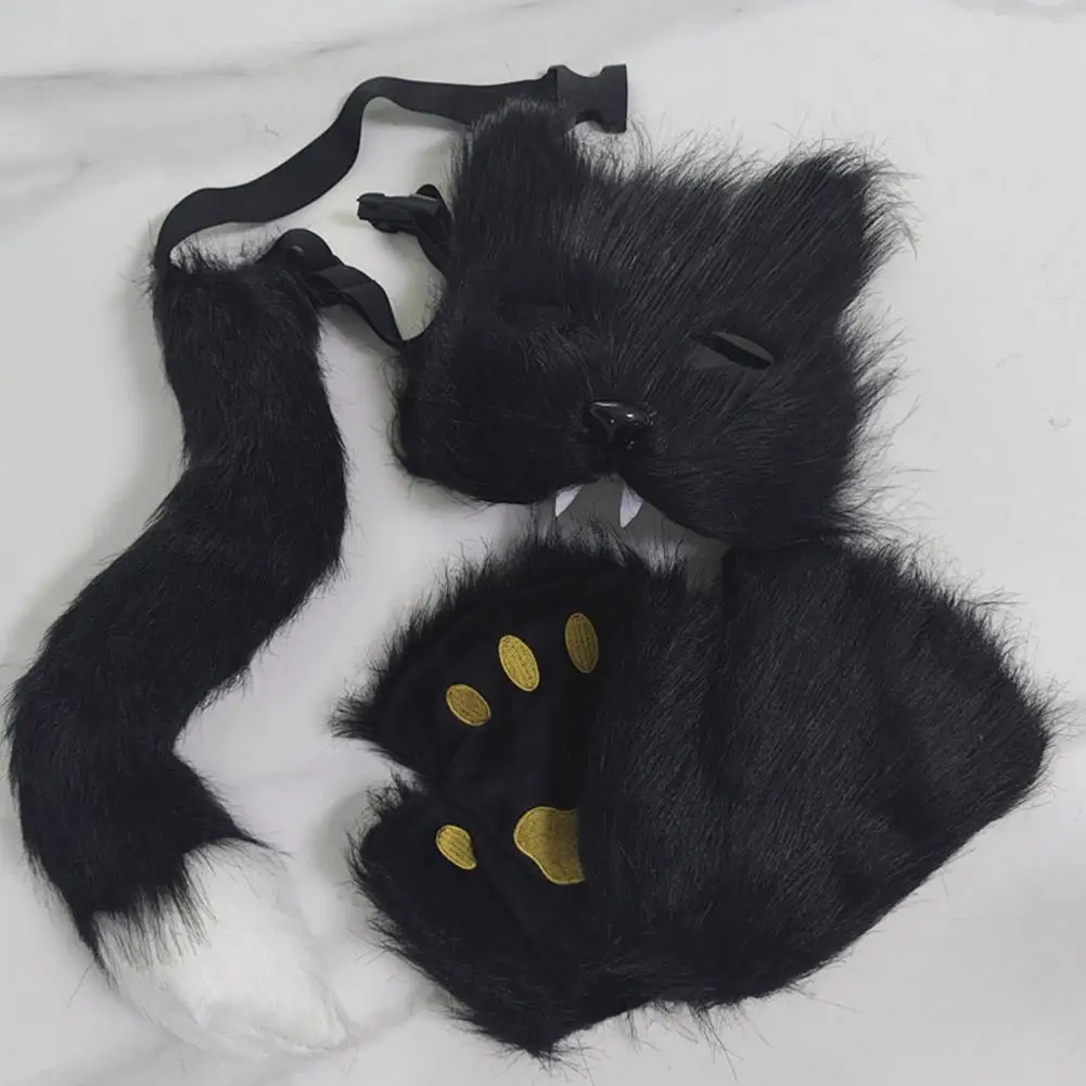 Long-haired Mask Party Dance Mask Men And Women Half-face Animal Mask Halloween Performance Mask Wolf Paw Gloves Tail Set